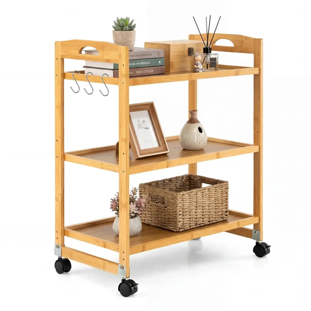 3-Tier Storage Rolling Cart Bamboo Utility Cart with 4 Universal Wheels-Natural - Natural - File Cabinets