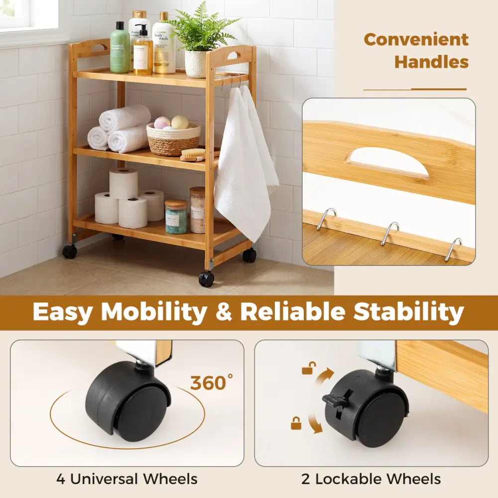 3-Tier Storage Rolling Cart Bamboo Utility Cart with 4 Universal Wheels-Natural - Natural - File Cabinets