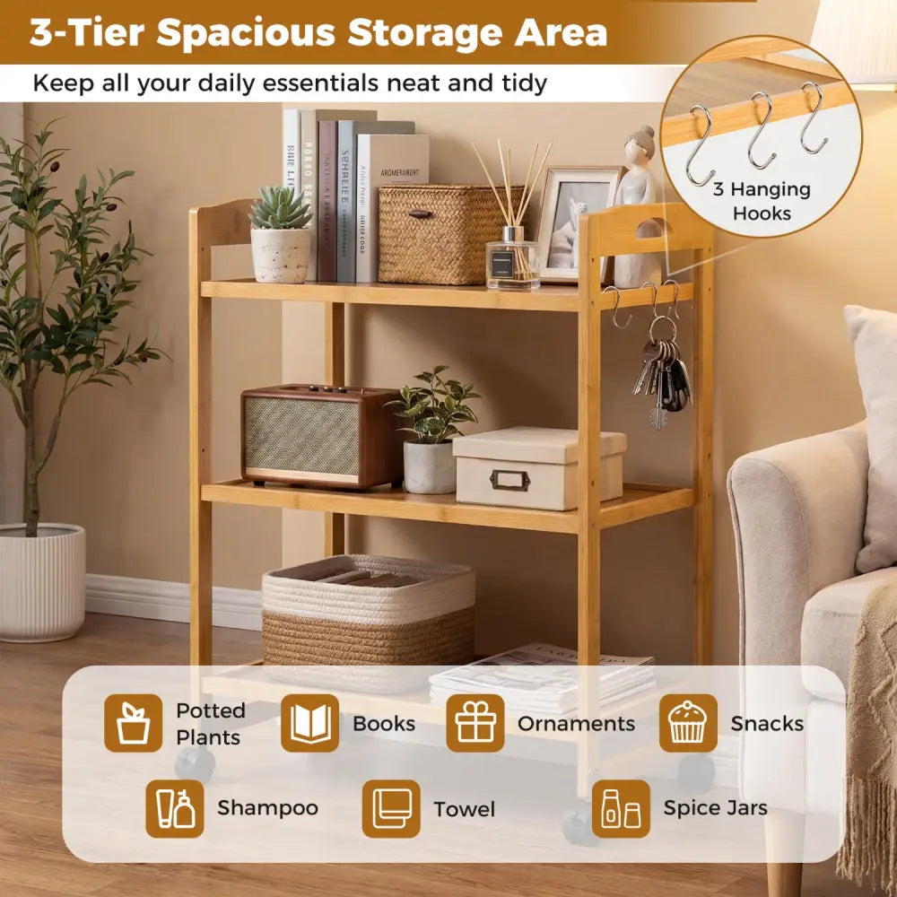 3-Tier Storage Rolling Cart Bamboo Utility Cart with 4 Universal Wheels-Natural - Natural - File Cabinets