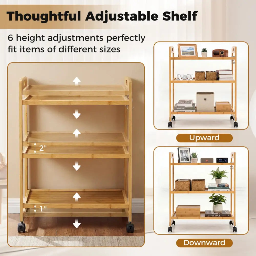 3-Tier Storage Rolling Cart Bamboo Utility Cart with 4 Universal Wheels-Natural - Natural - File Cabinets