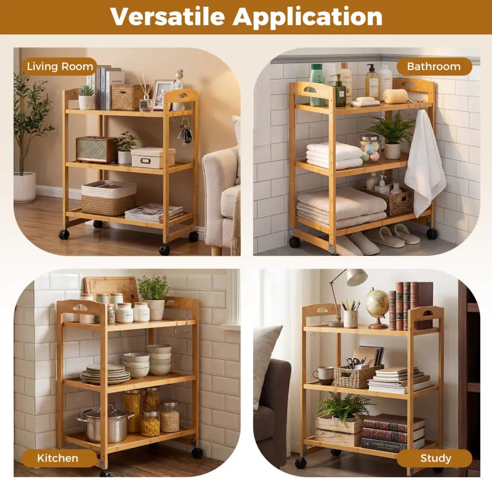 3-Tier Storage Rolling Cart Bamboo Utility Cart with 4 Universal Wheels-Natural - Natural - File Cabinets