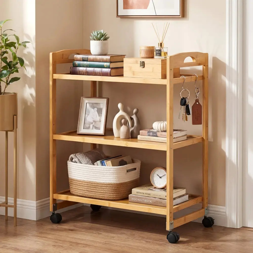 3-Tier Storage Rolling Cart Bamboo Utility Cart with 4 Universal Wheels-Natural - Natural - File Cabinets