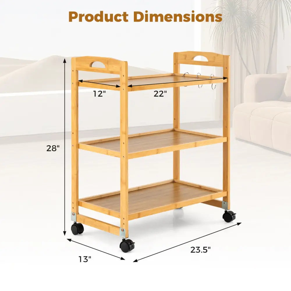 3-Tier Storage Rolling Cart Bamboo Utility Cart with 4 Universal Wheels-Natural - Natural - File Cabinets