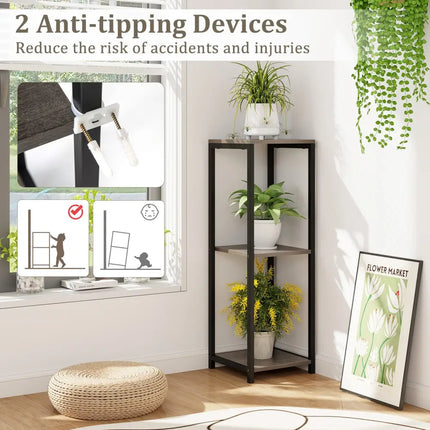 3-Tier Tall Metal Plant Stand Corner Plant Holder with Anti-tipping Device-Black & Gray - Black & Gray - Plant Stands