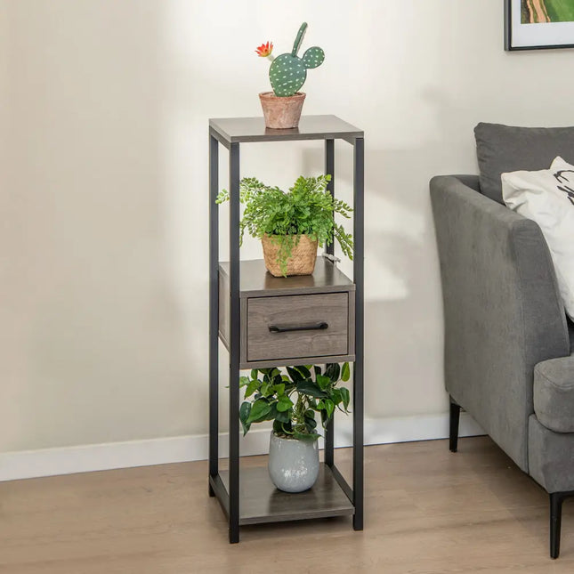 3 Tier Tall Metal Plant Stand with Drawer for Balcony Office-Gray - Gray - Plant Stands