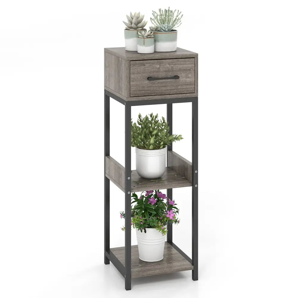 3 Tier Tall Plant Stand with Drawer Anti-tipping Devices-Gray - Gray - End & Side Tables
