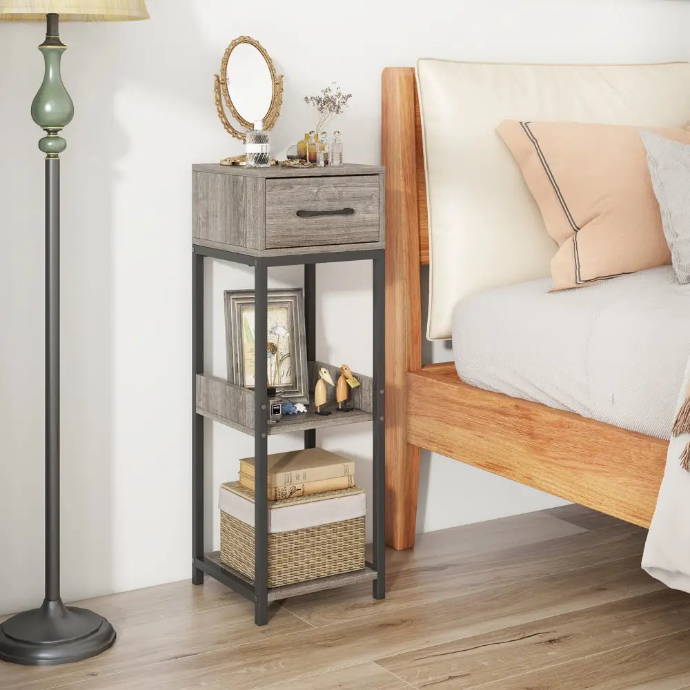 3 Tier Tall Plant Stand with Drawer Anti-tipping Devices-Gray - Gray - End & Side Tables