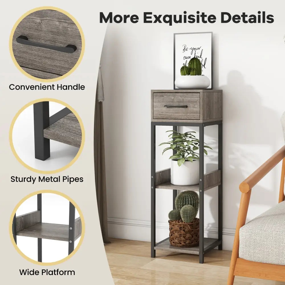 3 Tier Tall Plant Stand with Drawer Anti-tipping Devices-Gray - Gray - End & Side Tables