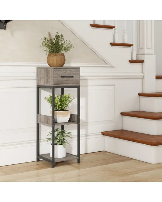3 Tier Tall Plant Stand with Drawer Anti-tipping Devices-Gray - Gray - End & Side Tables