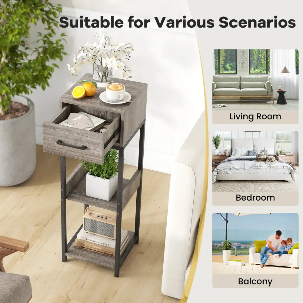 3 Tier Tall Plant Stand with Drawer Anti-tipping Devices-Gray - Gray - End & Side Tables