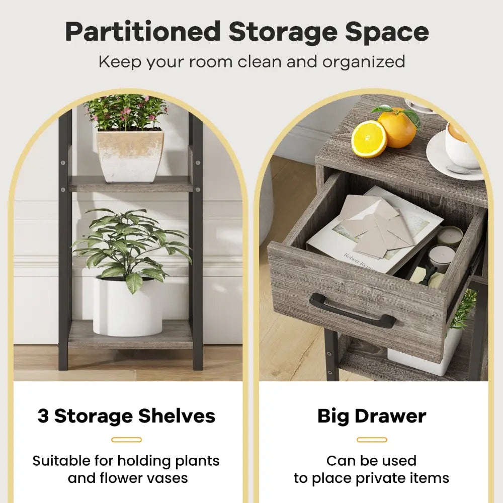 3 Tier Tall Plant Stand with Drawer Anti-tipping Devices-Gray - Gray - End & Side Tables