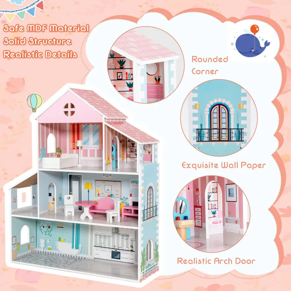 3-Tier Toddler Doll House with Furniture Gift for Age over 3 - Multicolor - Play Tents & Playhouse