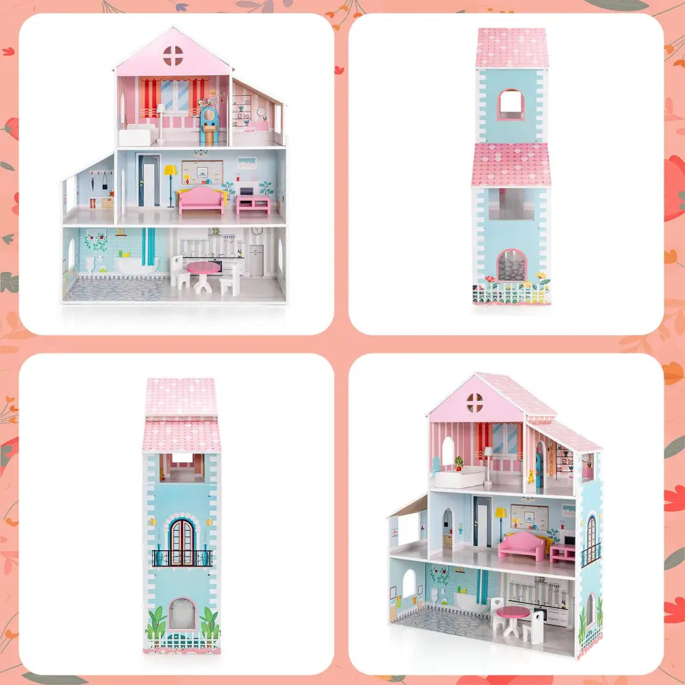 3-Tier Toddler Doll House with Furniture Gift for Age over 3 - Multicolor - Play Tents & Playhouse