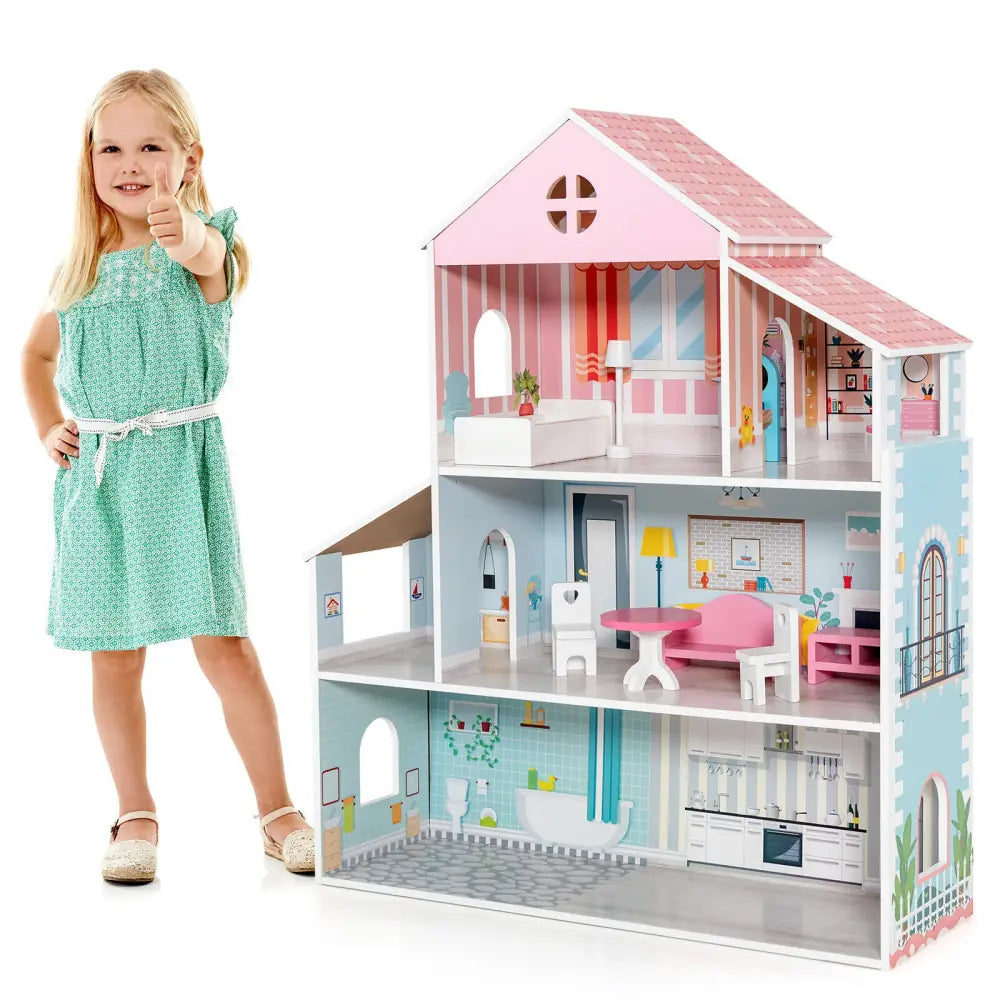 3-Tier Toddler Doll House with Furniture Gift for Age over 3 - Multicolor - Play Tents & Playhouse