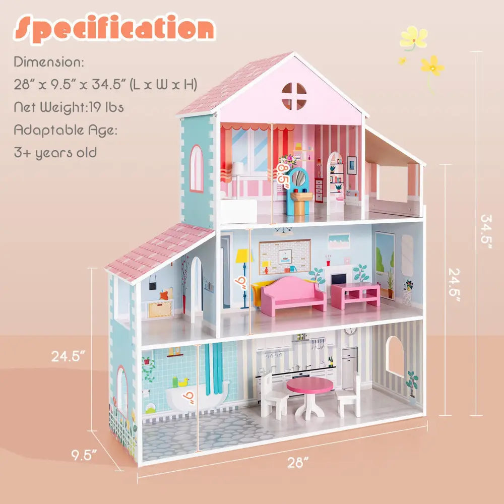 3-Tier Toddler Doll House with Furniture Gift for Age over 3 - Multicolor - Play Tents & Playhouse