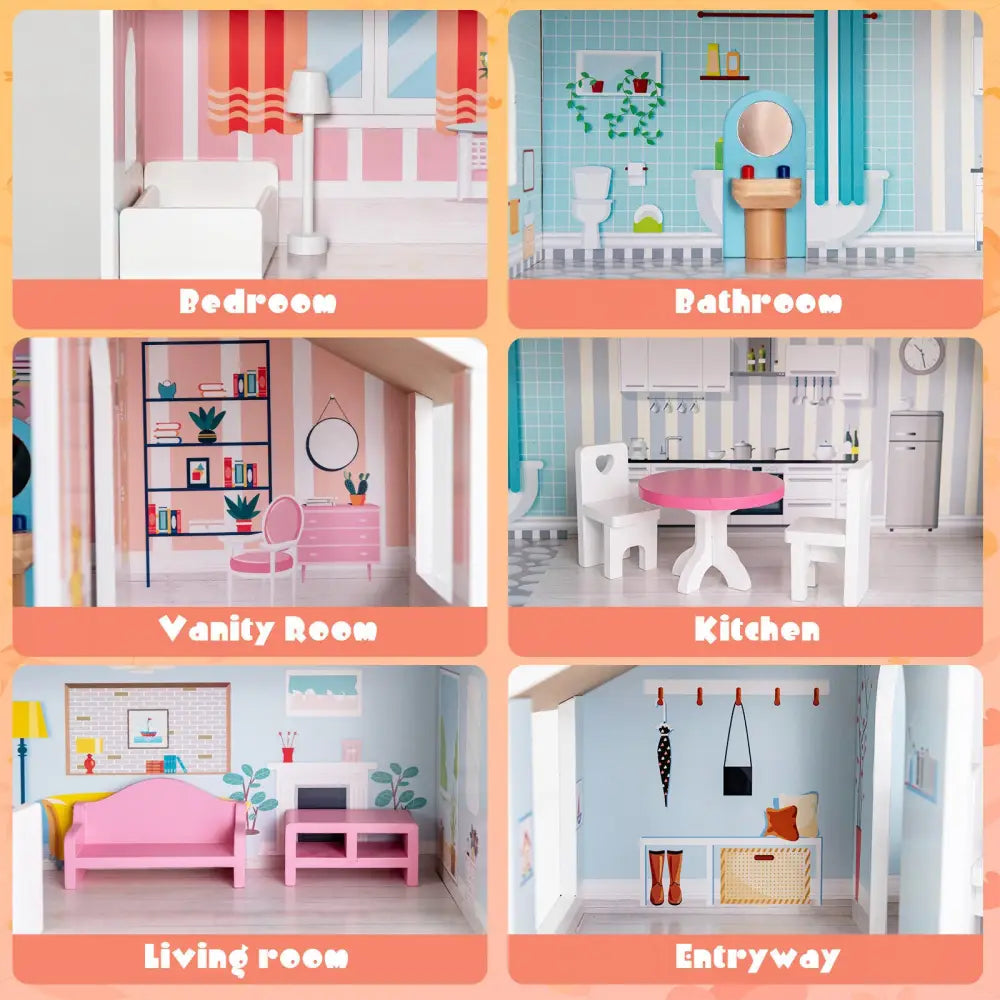 3-Tier Toddler Doll House with Furniture Gift for Age over 3 - Multicolor - Play Tents & Playhouse