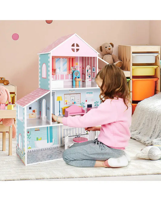 3-Tier Toddler Doll House with Furniture Gift for Age over 3 - Multicolor - Play Tents & Playhouse