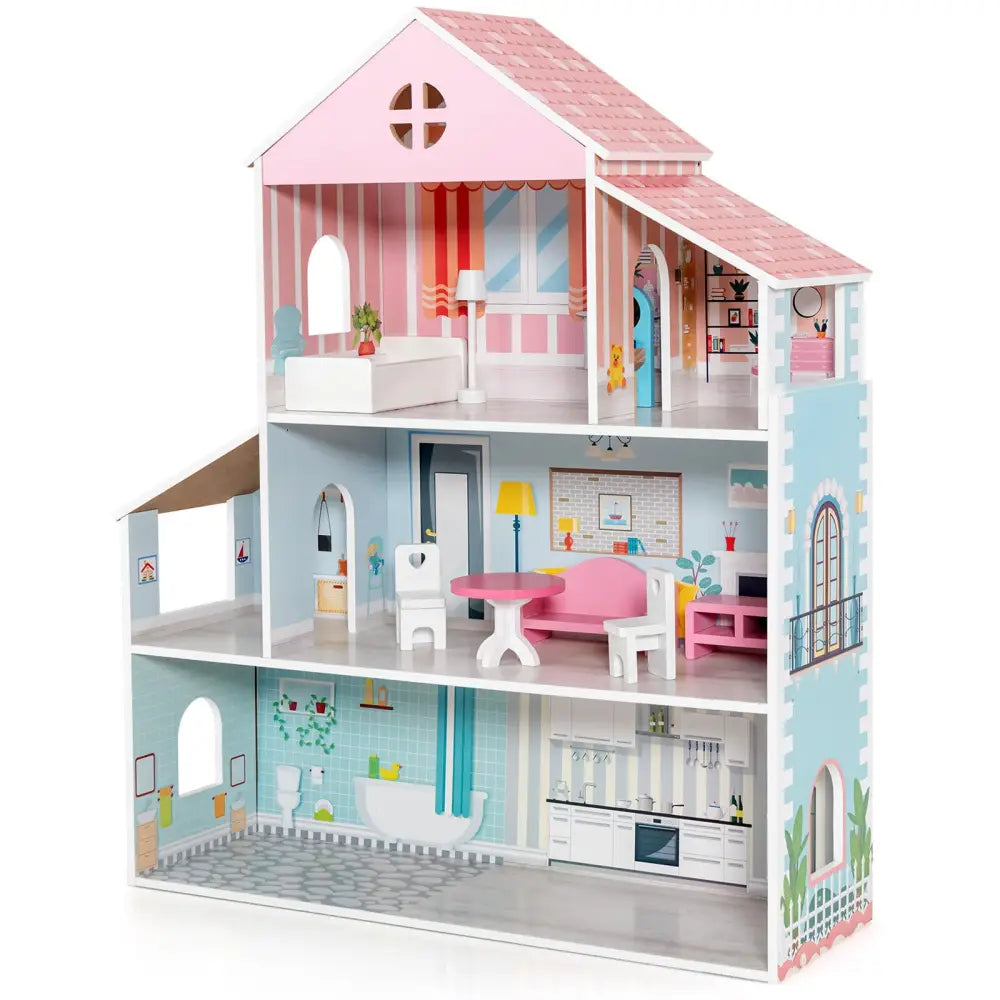 3-Tier Toddler Doll House with Furniture Gift for Age over 3 - Multicolor - Play Tents & Playhouse