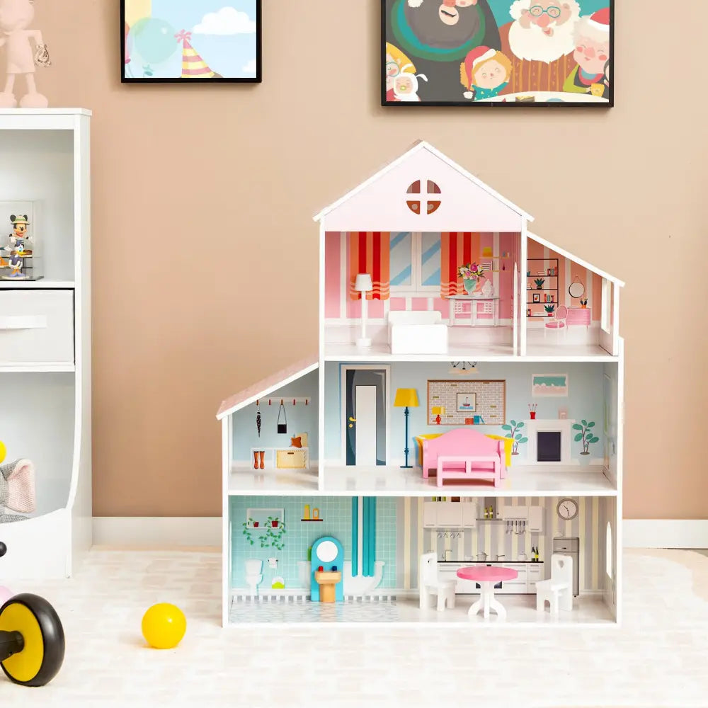 3-Tier Toddler Doll House with Furniture Gift for Age over 3 - Multicolor - Play Tents & Playhouse