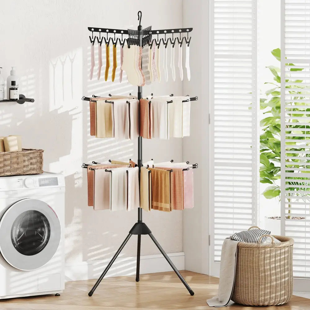 3-Tier Tripod Freestanding Folding Clothes Drying Rack with 24 Clips-Black - Black - Drying Racks