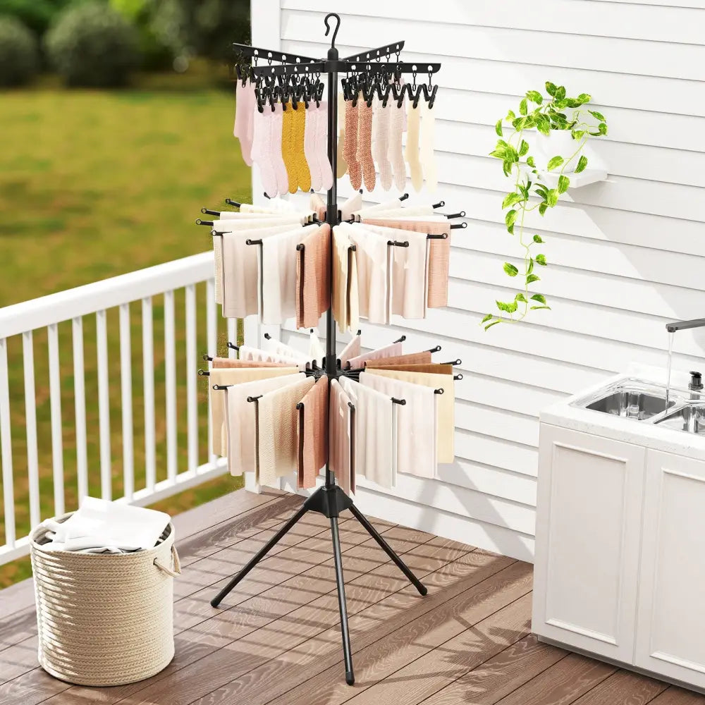 3-Tier Tripod Freestanding Folding Clothes Drying Rack with 24 Clips-Black - Black - Drying Racks