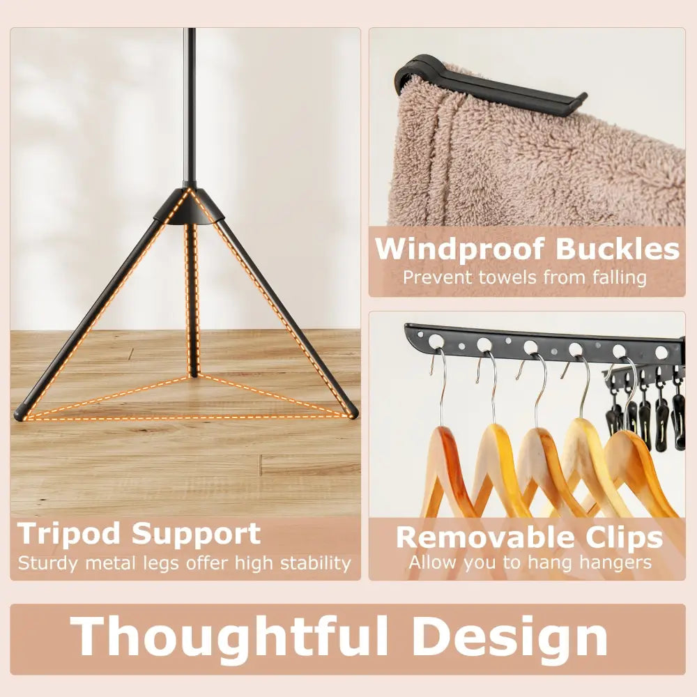 3-Tier Tripod Freestanding Folding Clothes Drying Rack with 24 Clips-Black - Black - Drying Racks