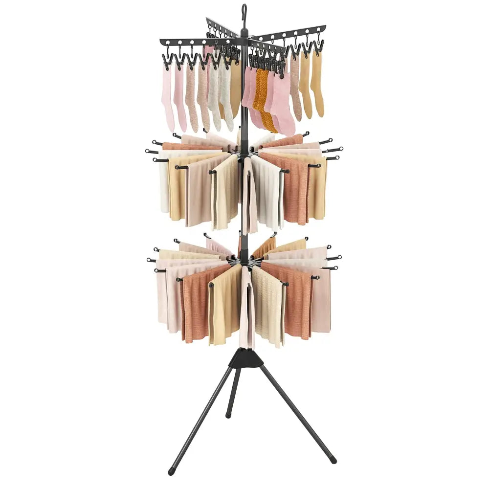 3-Tier Tripod Freestanding Folding Clothes Drying Rack with 24 Clips-Black - Black - Drying Racks