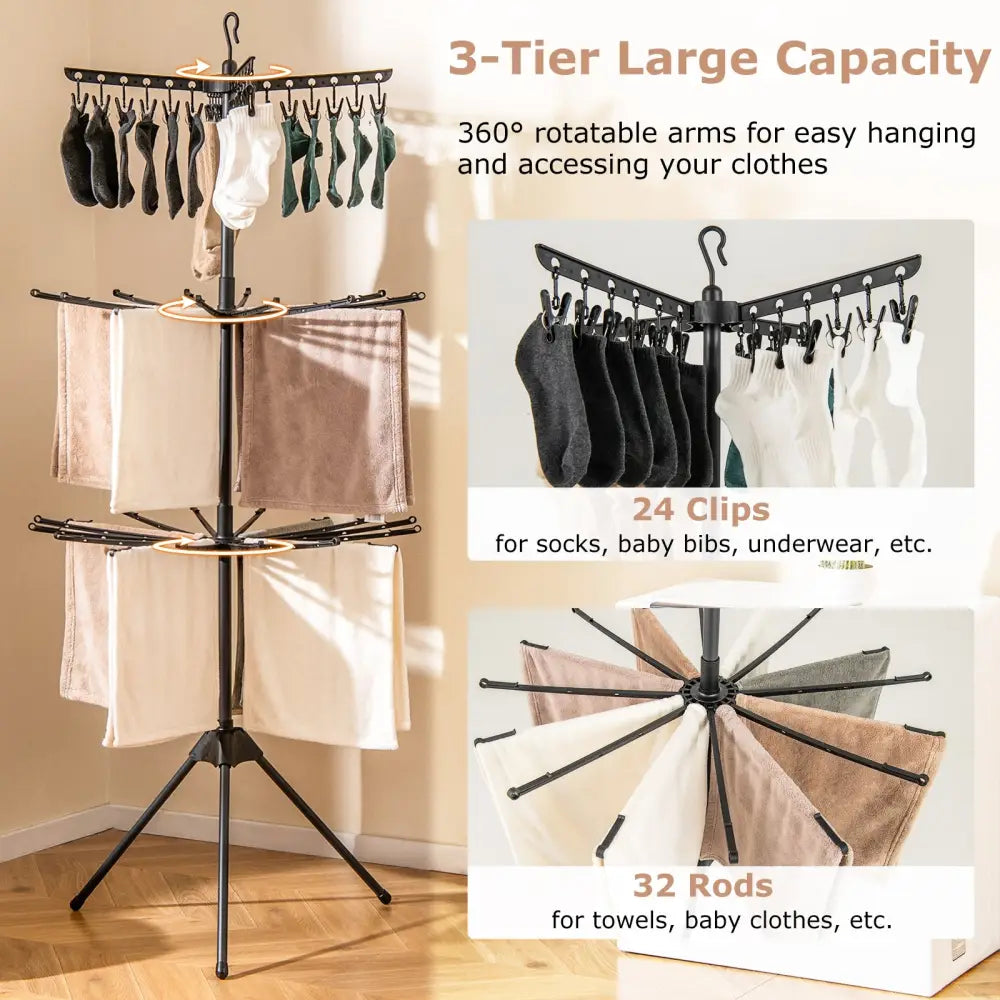 3-Tier Tripod Freestanding Folding Clothes Drying Rack with 24 Clips-Black - Black - Drying Racks