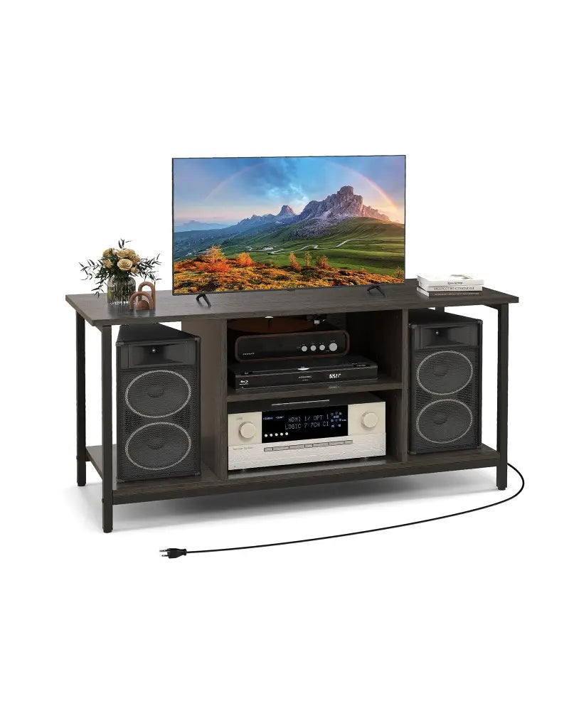 3-Tier TV Stand with Power Outlet USB and Adjustable Shelf-Gray - Gray - Entertainment Centers & TV Stands