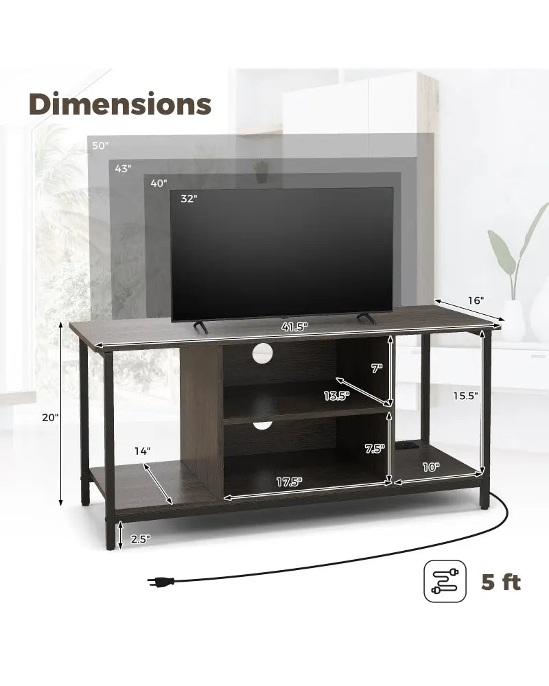 3-Tier TV Stand with Power Outlet USB and Adjustable Shelf-Gray - Gray - Entertainment Centers & TV Stands