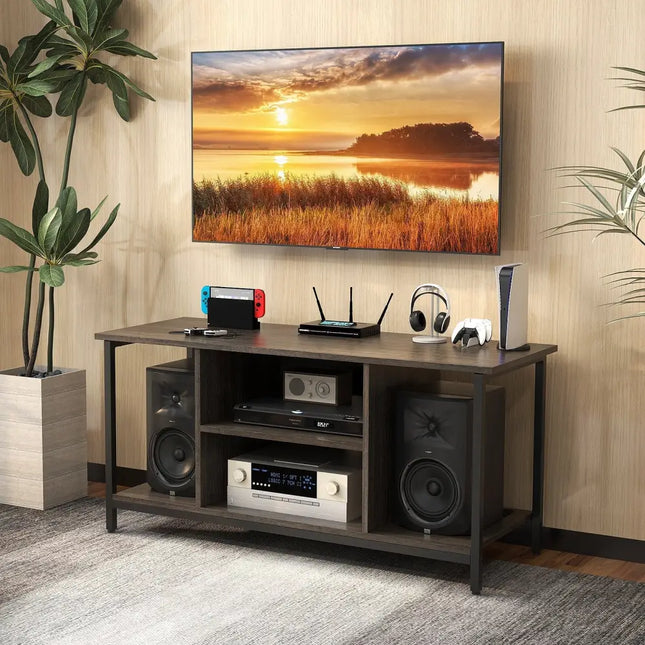 3-Tier TV Stand with Power Outlet USB and Adjustable Shelf-Gray Costway