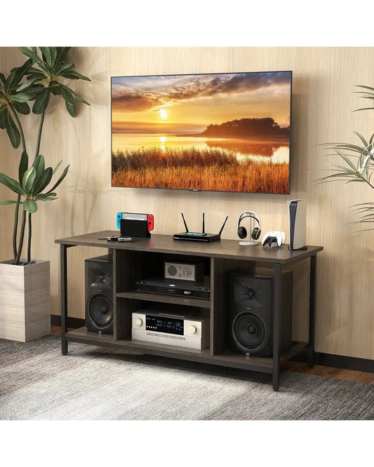 3-Tier TV Stand with Power Outlet USB and Adjustable Shelf-Gray - Gray - Entertainment Centers & TV Stands