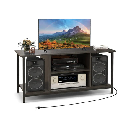 3-Tier TV Stand with Power Outlet USB and Adjustable Shelf-Gray Costway