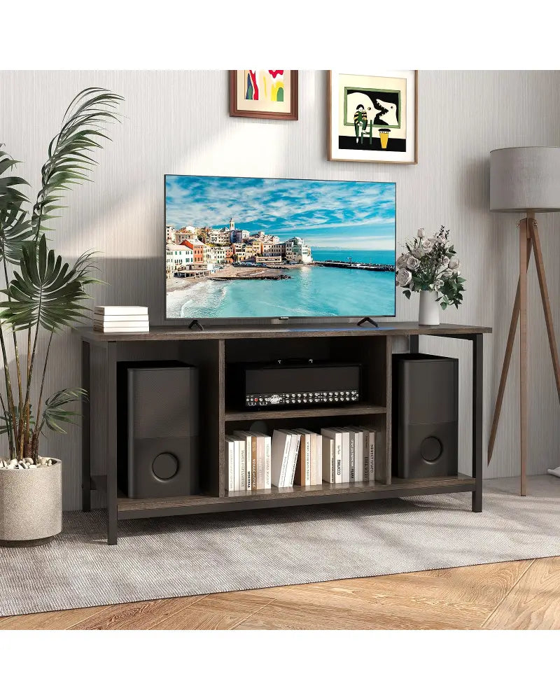 3-Tier TV Stand with Power Outlet USB and Adjustable Shelf-Gray - Gray - Entertainment Centers & TV Stands