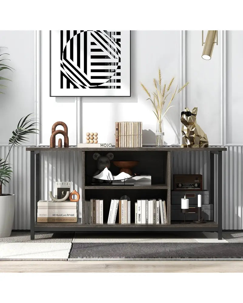 3-Tier TV Stand with Power Outlet USB and Adjustable Shelf-Gray - Gray - Entertainment Centers & TV Stands