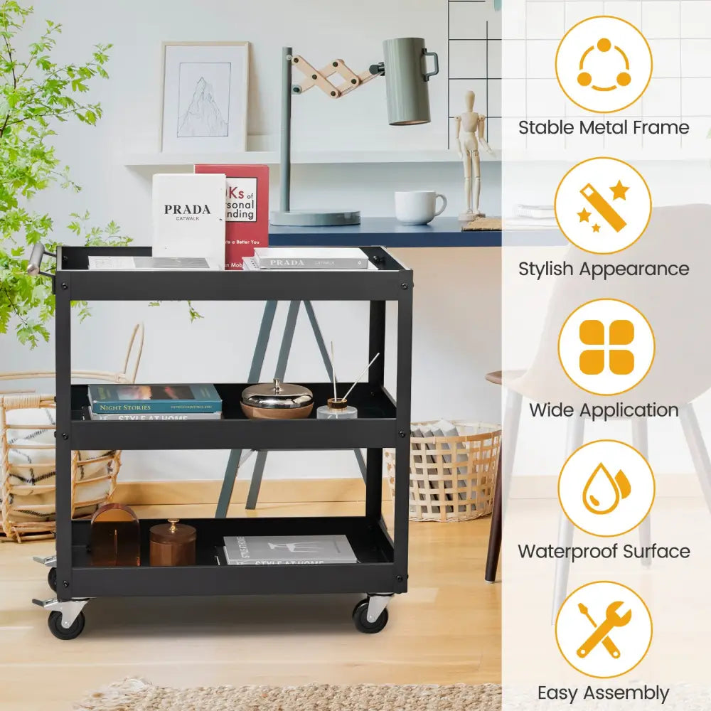 3-Tier Utility Cart Rolling Metal Cart with Handle and Universal Wheels-Black - Black - Kitchen Islands & Carts