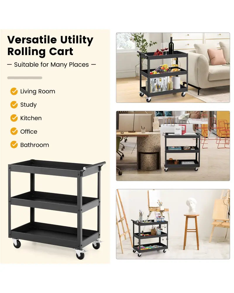 3-Tier Utility Cart Rolling Metal Cart with Handle and Universal Wheels-Black - Black - Kitchen Islands & Carts