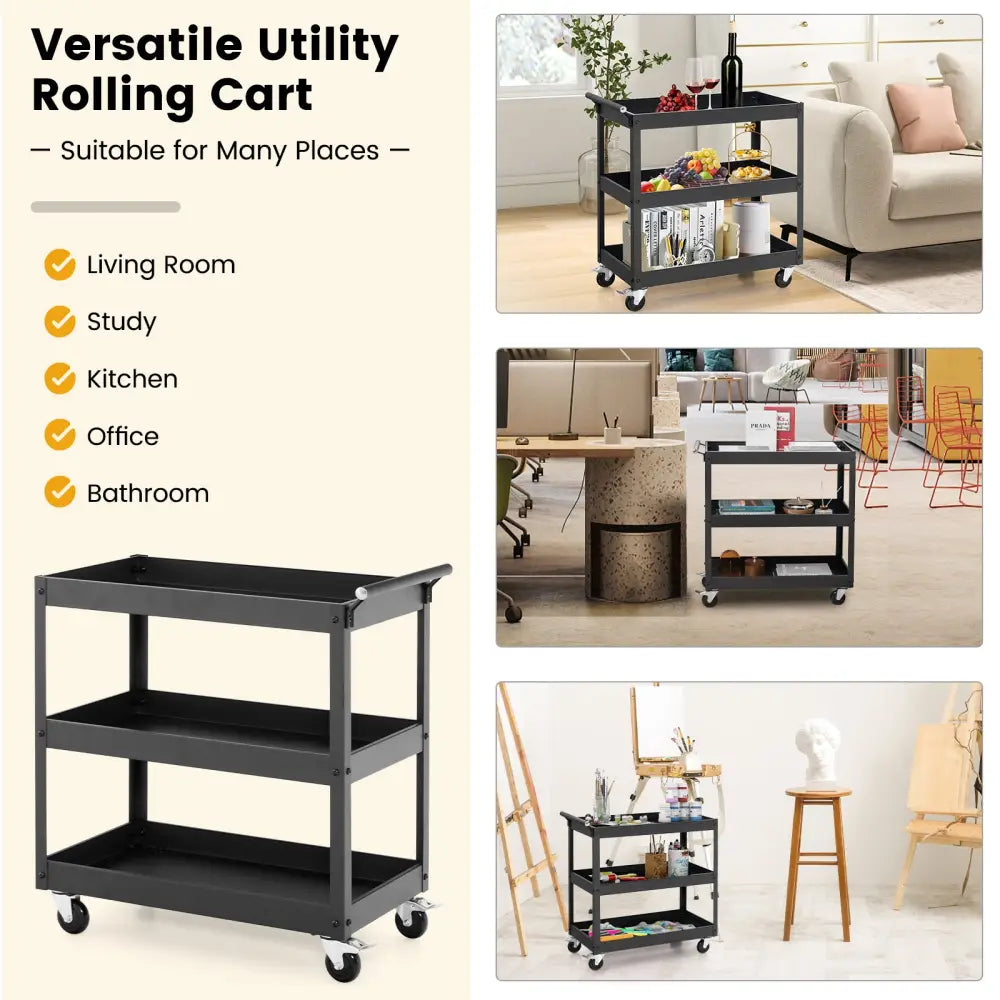 3-Tier Utility Cart Rolling Metal Cart with Handle and Universal Wheels-Black - Black - Kitchen Islands & Carts