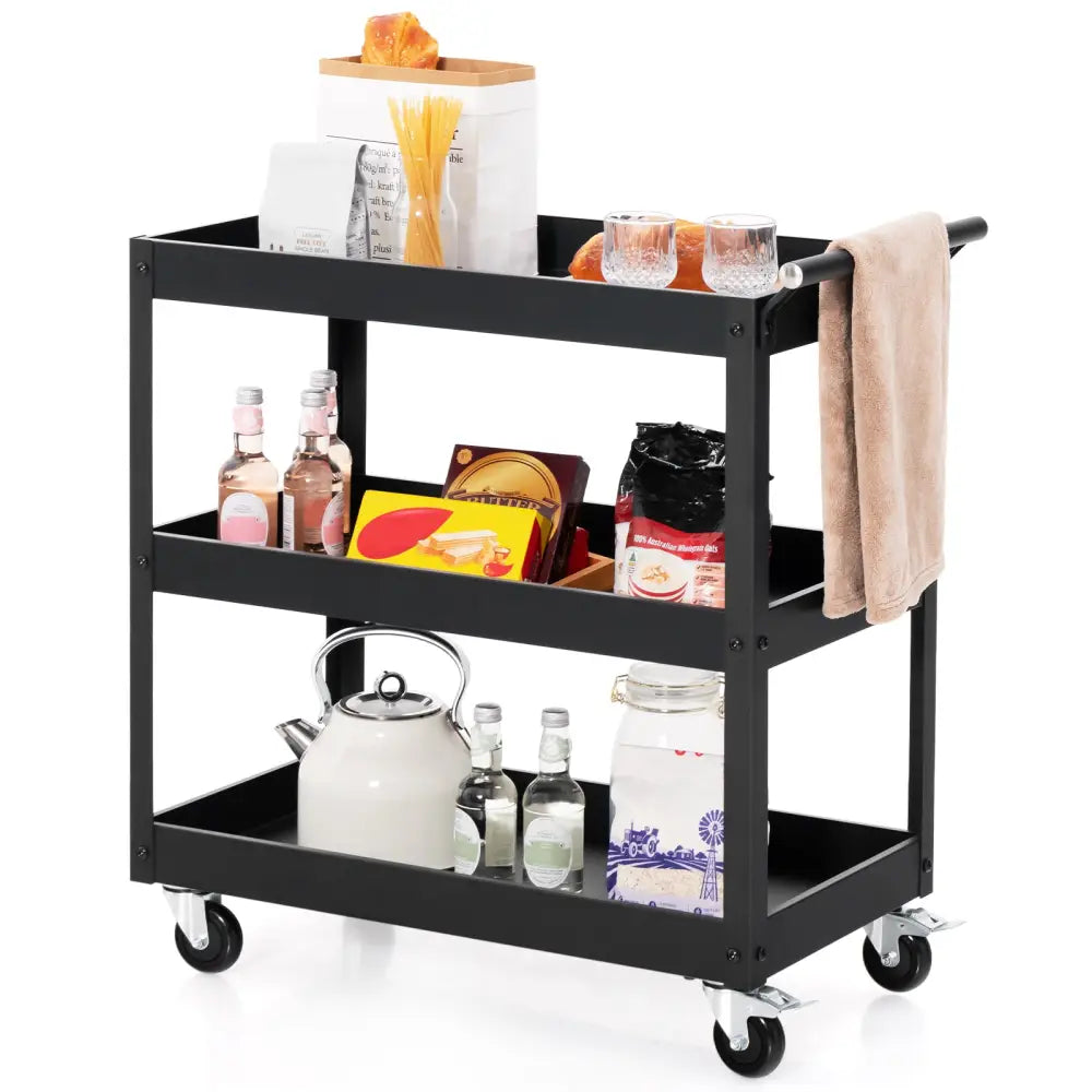 3-Tier Utility Cart Rolling Metal Cart with Handle and Universal Wheels-Black - Black - Kitchen Islands & Carts