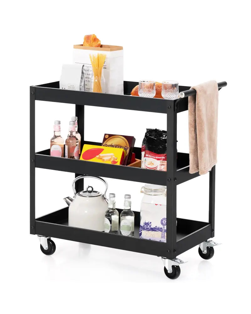 3-Tier Utility Cart Rolling Metal Cart with Handle and Universal Wheels-Black - Black - Kitchen Islands & Carts