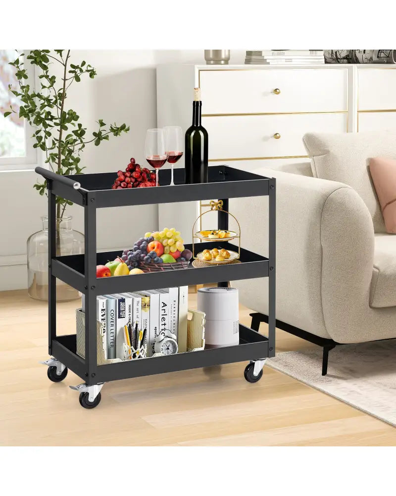 3-Tier Utility Cart Rolling Metal Cart with Handle and Universal Wheels-Black - Black - Kitchen Islands & Carts