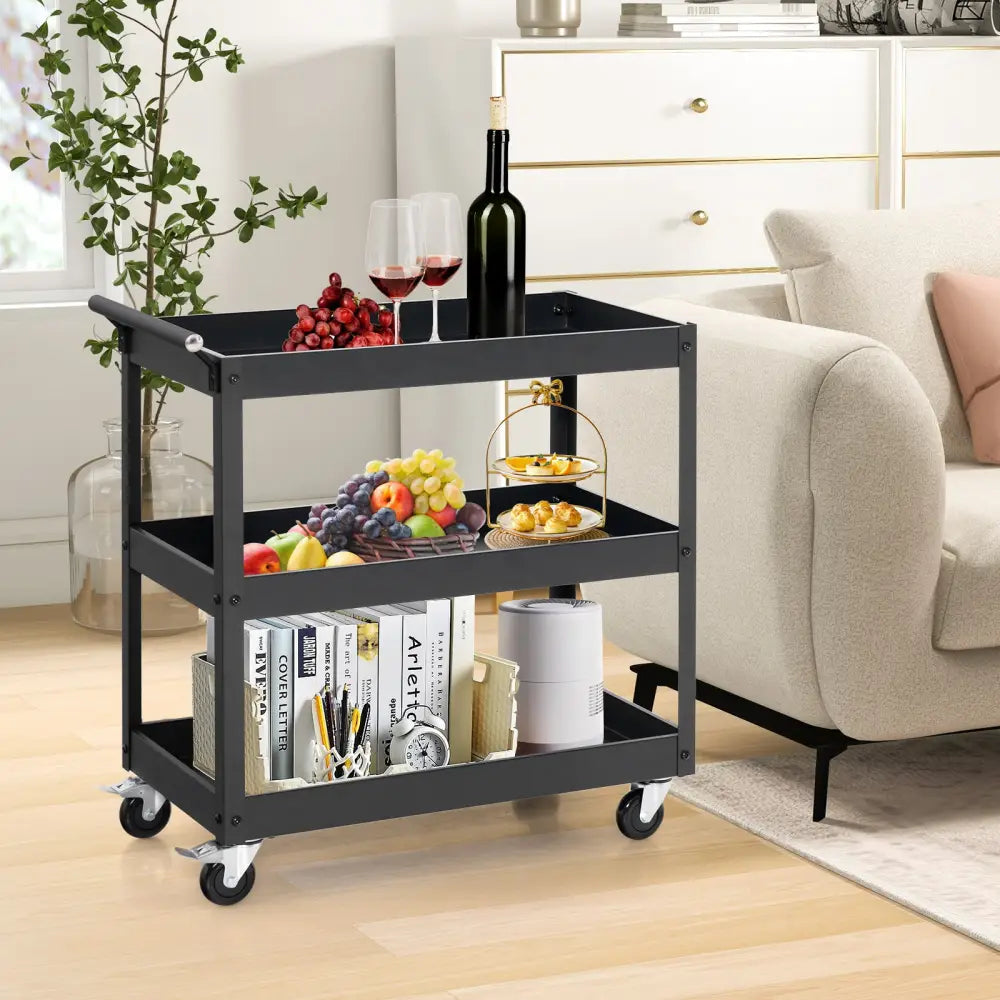 3-Tier Utility Cart Rolling Metal Cart with Handle and Universal Wheels-Black - Black - Kitchen Islands & Carts