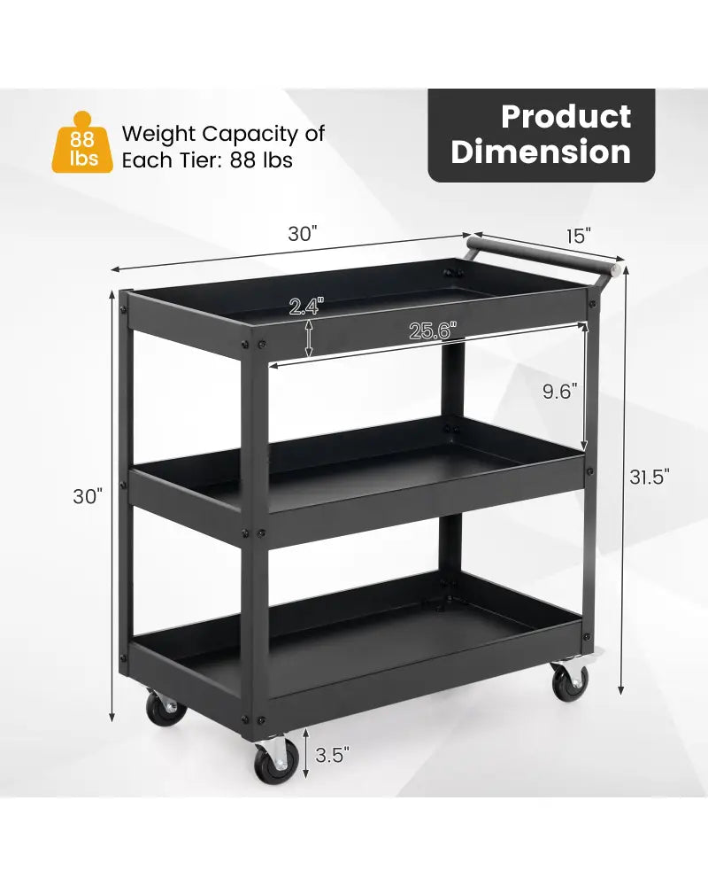 3-Tier Utility Cart Rolling Metal Cart with Handle and Universal Wheels-Black - Black - Kitchen Islands & Carts