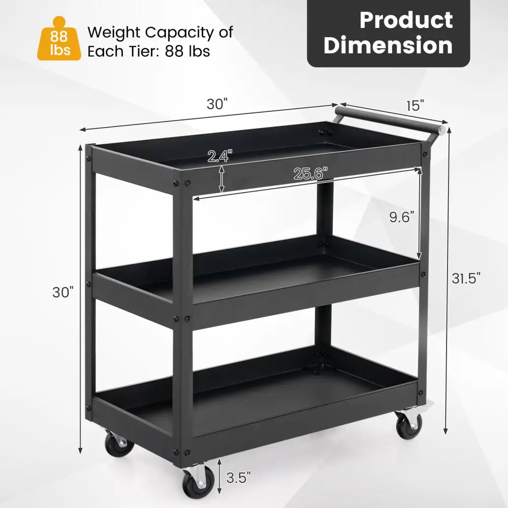 3-Tier Utility Cart Rolling Metal Cart with Handle and Universal Wheels-Black - Black - Kitchen Islands & Carts