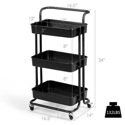 3-Tier Utility Cart Storage Rolling Cart with Casters-Black Costway