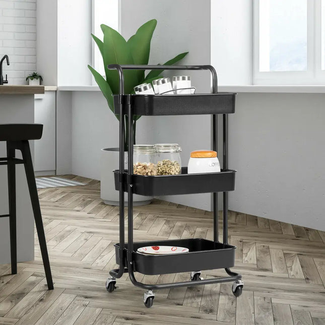 3-Tier Utility Cart Storage Rolling Cart with Casters-Black Costway