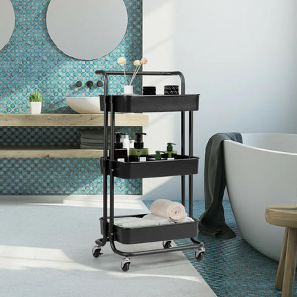 3-Tier Utility Cart Storage Rolling Cart with Casters-Black Costway