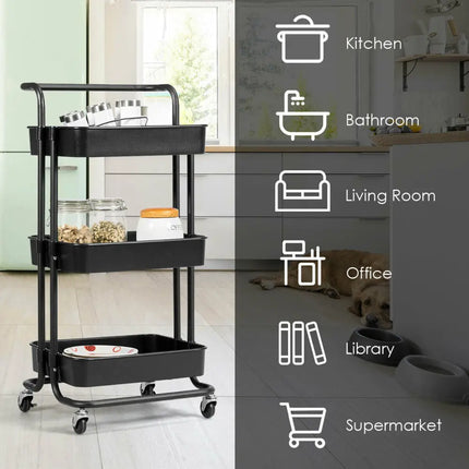 3-Tier Utility Cart Storage Rolling Cart with Casters-Black Costway