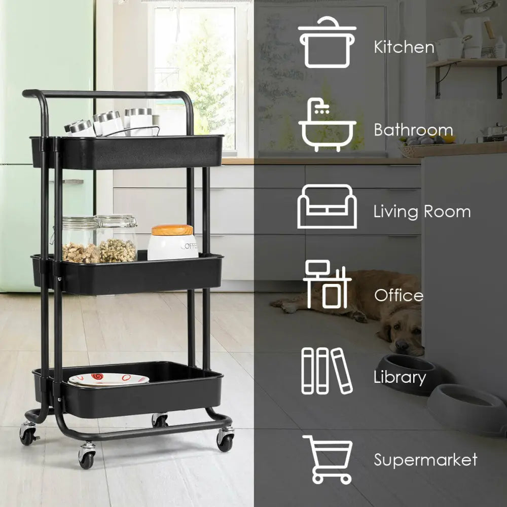 3-Tier Utility Cart Storage Rolling Cart with Casters-Black - Black - Kitchen Islands & Carts