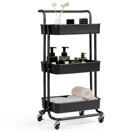3-Tier Utility Cart Storage Rolling Cart with Casters-Black Costway